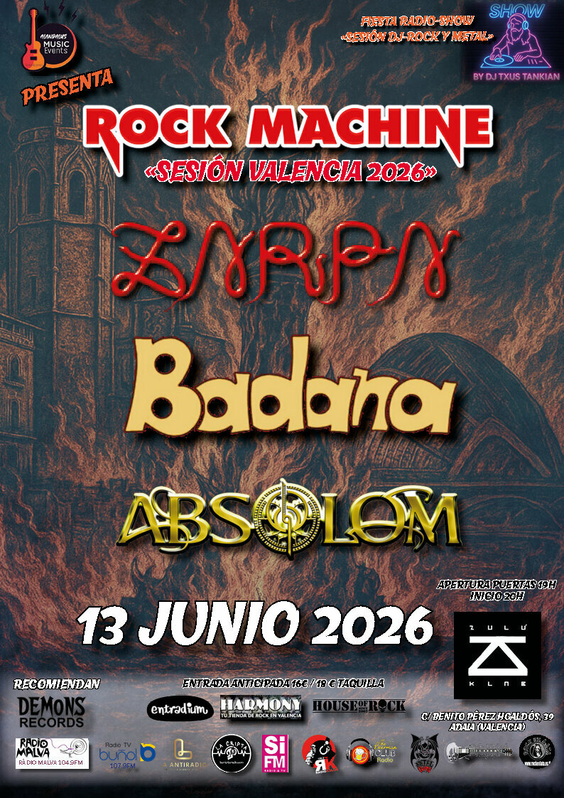 Zarpa, Badana y Absolom encabezarán la fiesta Rock Machine en Valencia
